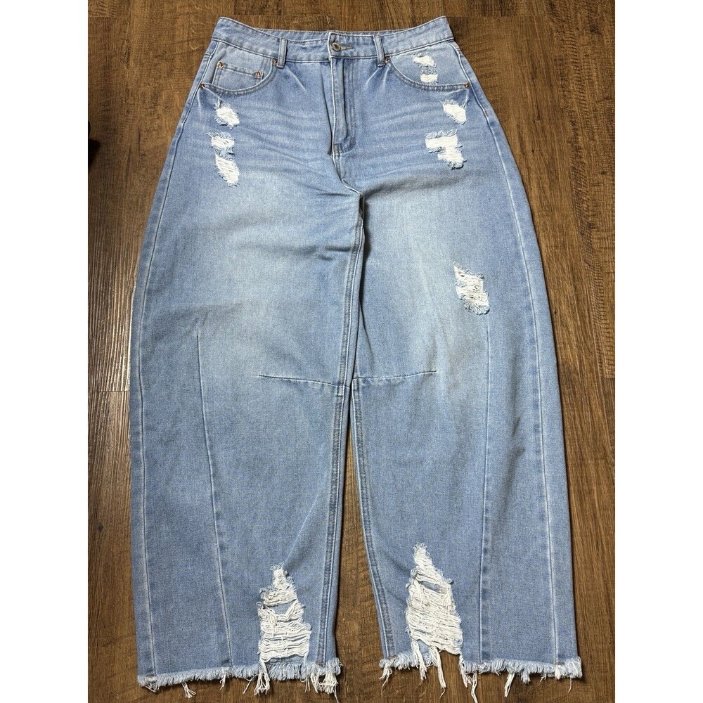 Womens Barrel Denim Distressed Jeans Light Blue Size 10 High Rise Frayed Hem Wid